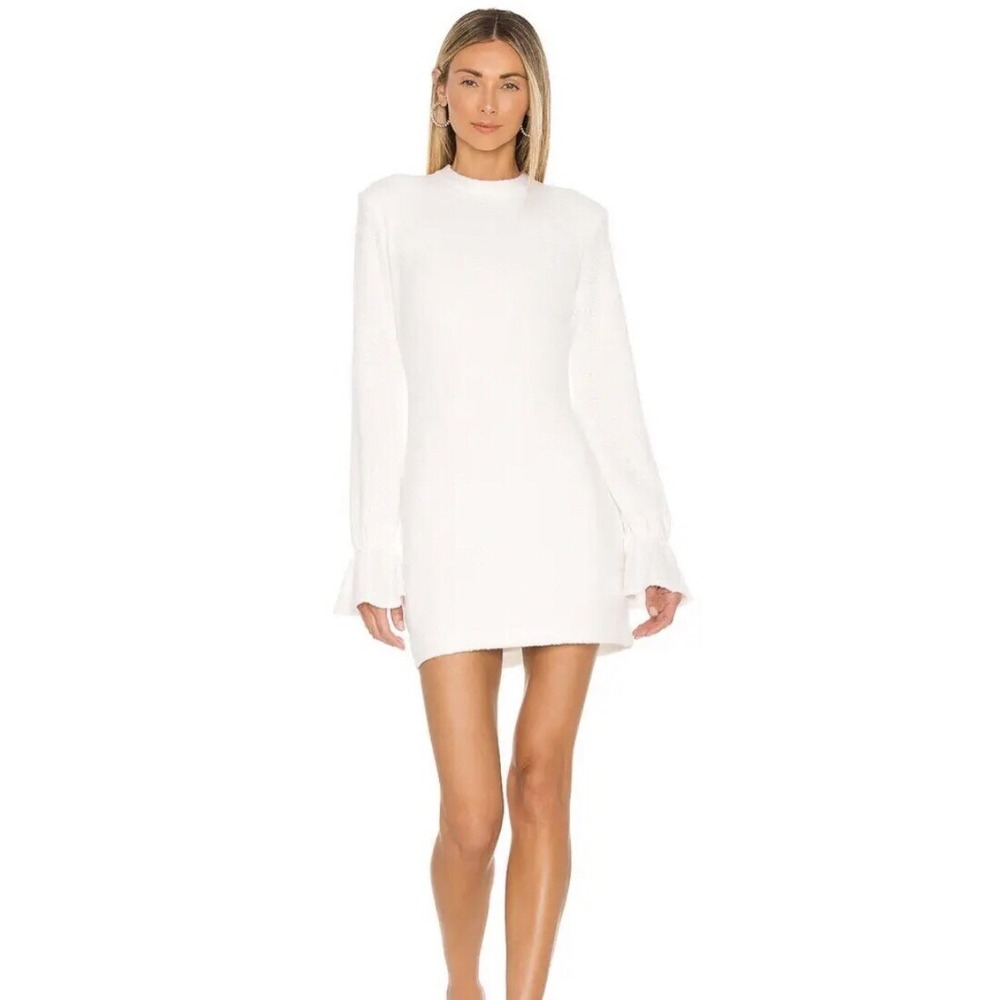 Amanda Uprichard Dress M Ivory Tallin‎ Mini Knit High Neck Ruffle Sleeve